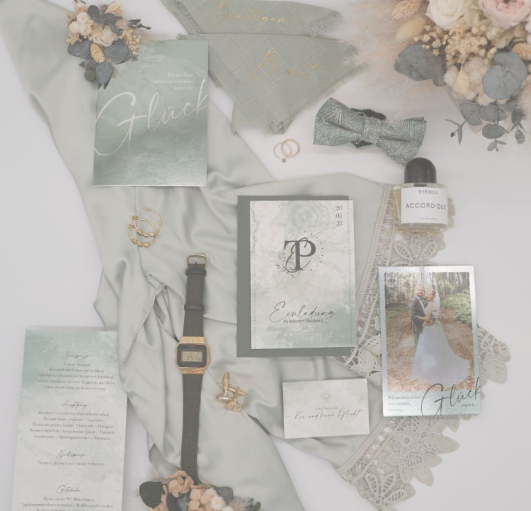 Hochzeitspapeterie in Freiburg | fluments Flatlay Hochzeitspapeterie in Sage